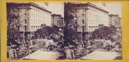 Looking up Broadway from the corner of Fulton St. Showing ruins of Barnum's Museum.