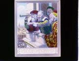 [Reproduction of artwork showing Galileo Galilei with telescope]