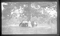 Guests on bench under large tree, Oak Lodge Trip