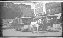 [Horse drawn trolley car on street]