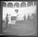 Men in stadium with fighting cock