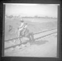 Man and child on burro crossing train tracks