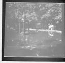 Man and woman looking into pond in park