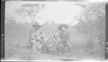 Osa Johnson and Daniel Pomeroy posing with Osa's eland, African Safari