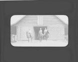 Riders in front of barn, Oak Lodge Trip