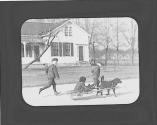 Kid playing with dog pulled wagon