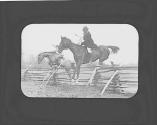 Riders jumping horses over fence