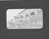 George Eastman and friends with gear at train, Wyoming Trip