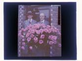 [Men standing behind roses]
