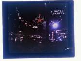 [Building with Christmas decorations/lights]