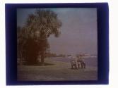 [Two men fishing from park bench]