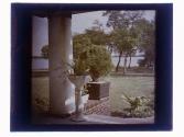 [Looking out from house onto landscape with water]