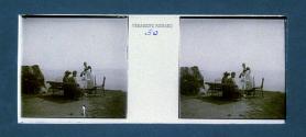 [Two women on bench overlooking water being served by waitress]