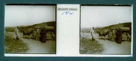 [Four people posing by car and mule on road]