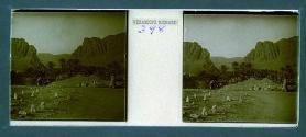 [View of people, vegetation and rocky cliffs]