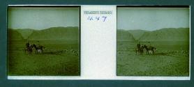 [Tourists and guides in desert with mountains in backround]