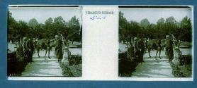 [Guide, man holding rifle next to horse carrying dead boar]