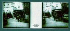 [Woman on horse near house]