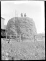 [Two men on top of large haystack]
