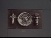 [Moqui Indian basket and wooden kachina dolls]