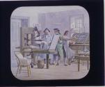 Franklin working in his brother's printing office.