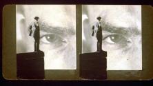 [Collage, man posed in front of close-up image]