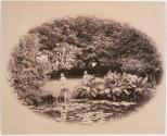 [Women sitting by small pond]