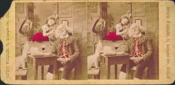 [Girl in window teasing man napping after meal]