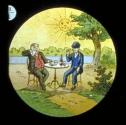 [Men sitting at table in the sunshine]