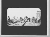 Group & horses on railroad tracks, Wyoming Trip