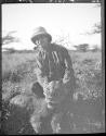 Audley Stewart with lion near Harrison's Camp, African Safari