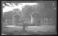 [Stone construction by park lake]