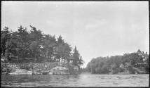 [View of shore from river]