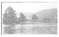 Men with canoes on riverbank, house in distance, Grand Cascapedia Trip