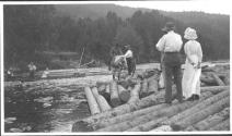 Group watching horse pull logs, Grand Cascapedia Trip