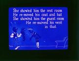 She showed him the rest room He re-moved his coat and hat ....