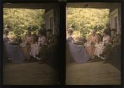 [Six people sitting on a porch reading, kitting and sewing]