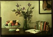 [Still-life with fruit bowl, flowers and books]