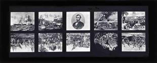 [Briggs Kinetoscope Slide including Abraham Lincoln, Lincoln addressing troops, battle scenes of the American Revolution]