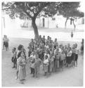 [Group of boys, with two older girls, gathered under a  tree]