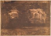 [Ruins of wall with two blocked up arched openings]