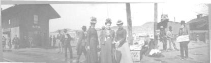 Ellen Andrus, Adelaide Hubbell and Elizabeth Mathers at train station, California Trip