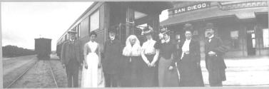George Eastman and companions at San Diego train station, California Trip