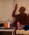 [Four Roses Whiskey, still life with man's shadow in background]