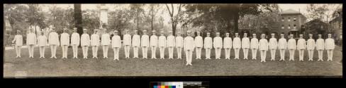 [Rochester Park Band posed in a row in Washington Square Park, Rochester New York]