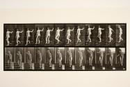 Descending stairs, turning to look around, and waving hand