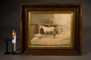 [Horse and dog near stable]