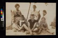 [Three women and three children at beach]