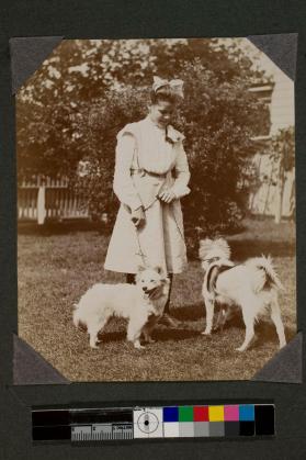 [Young girl with two dogs on leashes]