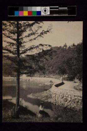 [Road by lake with woman sitting in foreground]